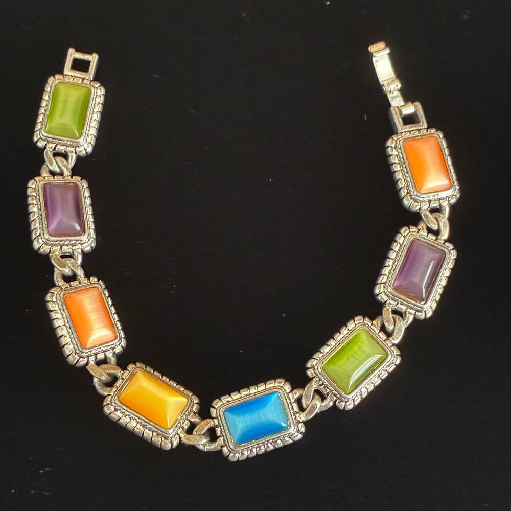 Premier Designs Multicolor Cat's Eye Glass Cabochon Link Bracelet 6.75"